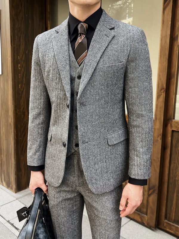 Muško odijelo s uzorkom herringbone – Notch lapel, Dva gumba sprijeda, Slim fit, 70% poliester smjesa