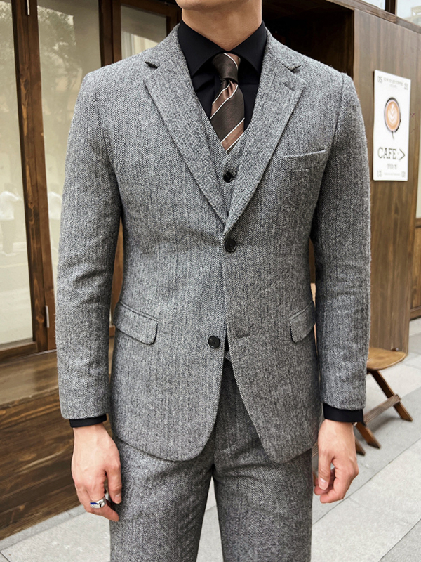 Muško odijelo s uzorkom herringbone – Notch lapel, Dva gumba sprijeda, Slim fit, 70% poliester smjesa