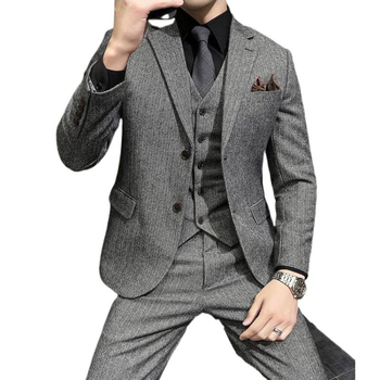 Férfi gyapjú öltöny brit herringbone mintával, mind az évszakokra, egysoros, kétgombos, sík gallér