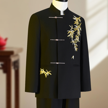 Muški kineski stil formalni sako s zlatnom bambusovom listom vezom, stojeći ovratnik, jednostruki kopčanje, uski kroj, poliester