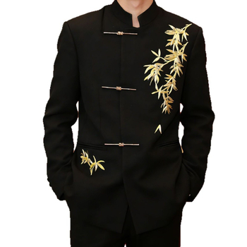 Muški kineski stil formalni sako s zlatnom bambusovom listom vezom, stojeći ovratnik, jednostruki kopčanje, uski kroj, poliester