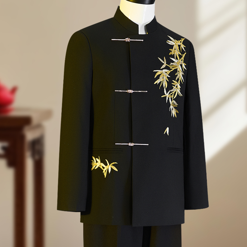 Muški kineski stil formalni sako s zlatnom bambusovom listom vezom, stojeći ovratnik, jednostruki kopčanje, uski kroj, poliester