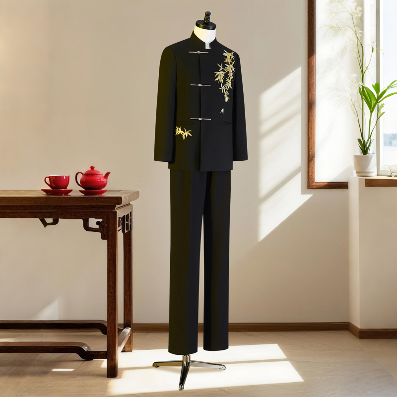Muški kineski stil formalni sako s zlatnom bambusovom listom vezom, stojeći ovratnik, jednostruki kopčanje, uski kroj, poliester