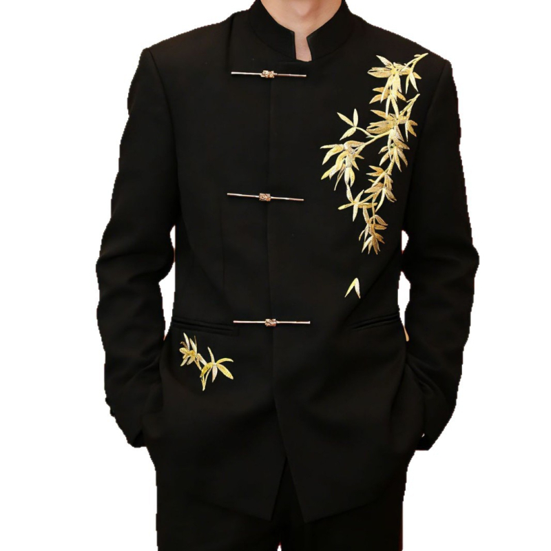 Muški kineski stil formalni sako s zlatnom bambusovom listom vezom, stojeći ovratnik, jednostruki kopčanje, uski kroj, poliester