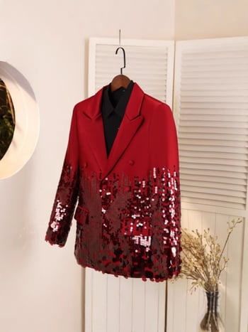 Muško odijelo sa sequin za izvedbe, slim fit, ovratnik sakoa, dvostruki red gumba, tkanina od sintetičkih vlakana s podstavom od poliestera