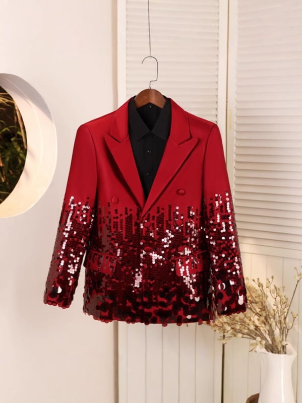 Muško odijelo sa sequin za izvedbe, slim fit, ovratnik sakoa, dvostruki red gumba, tkanina od sintetičkih vlakana s podstavom od poliestera