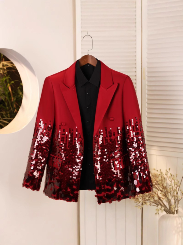 Muško odijelo sa sequin za izvedbe, slim fit, ovratnik sakoa, dvostruki red gumba, tkanina od sintetičkih vlakana s podstavom od poliestera