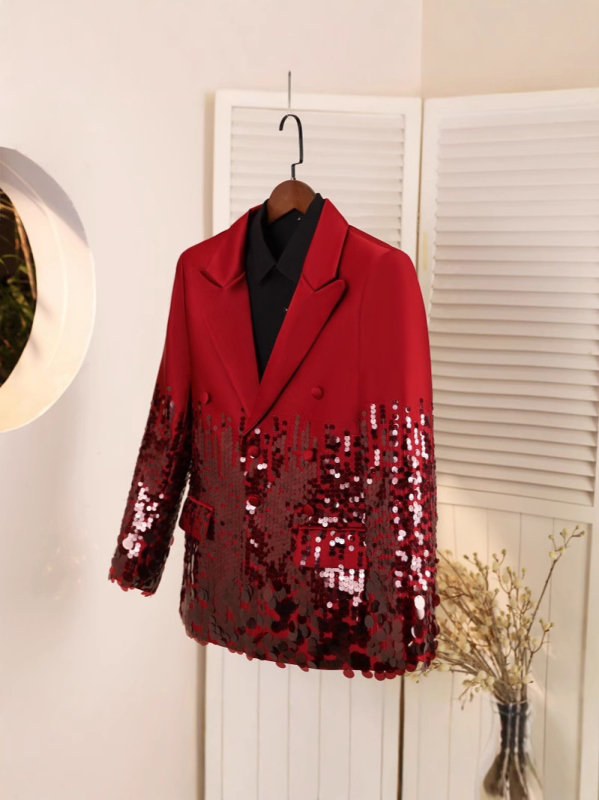 Muško odijelo sa sequin za izvedbe, slim fit, ovratnik sakoa, dvostruki red gumba, tkanina od sintetičkih vlakana s podstavom od poliestera