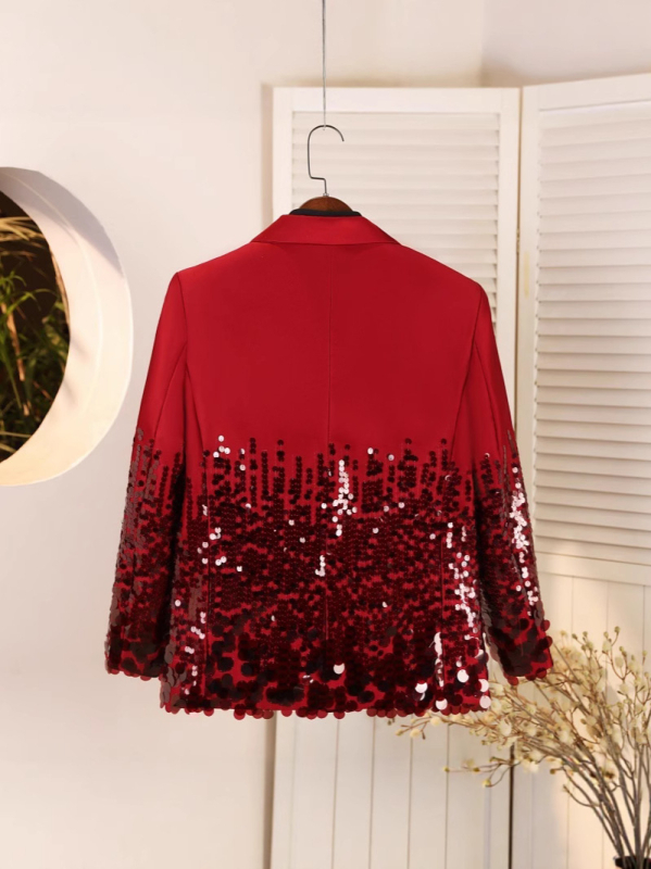 Muško odijelo sa sequin za izvedbe, slim fit, ovratnik sakoa, dvostruki red gumba, tkanina od sintetičkih vlakana s podstavom od poliestera