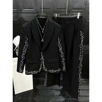 Casual dvodijelni sako i hlače s bisernom izvezom, korejskog stila, Slim-Fit, korduroj i lan