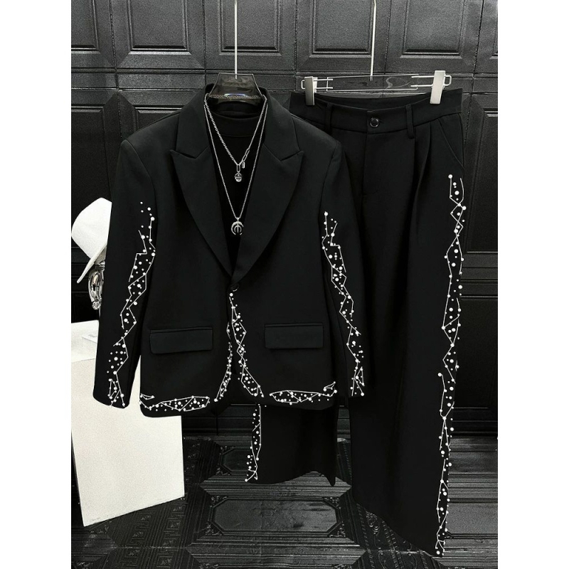 Casual dvodijelni sako i hlače s bisernom izvezom, korejskog stila, Slim-Fit, korduroj i lan