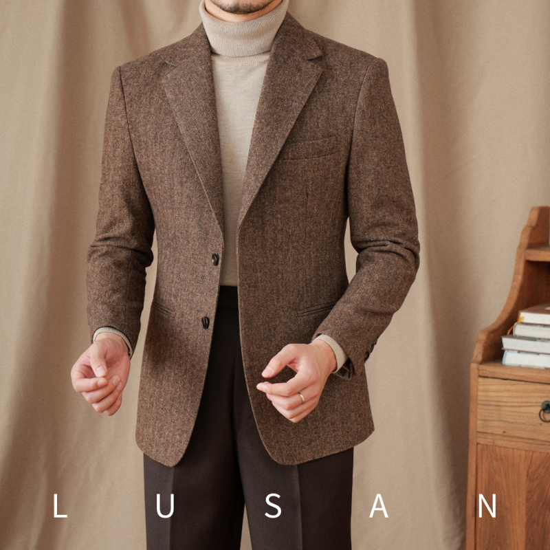 Muško odijelo Slim Fit od vune, uzorak herringbone, plosni rever, jednoredno, jesen 2025