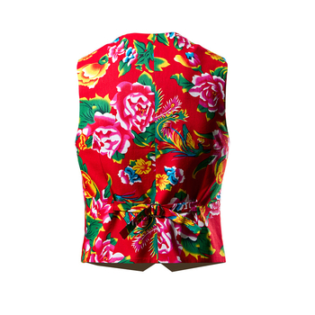 Férfi pamut mellény, karcsú szabás, öltöny-gallér, egy sor gombolás, virágmintás, poliészter bélés, négy évszakos viselet