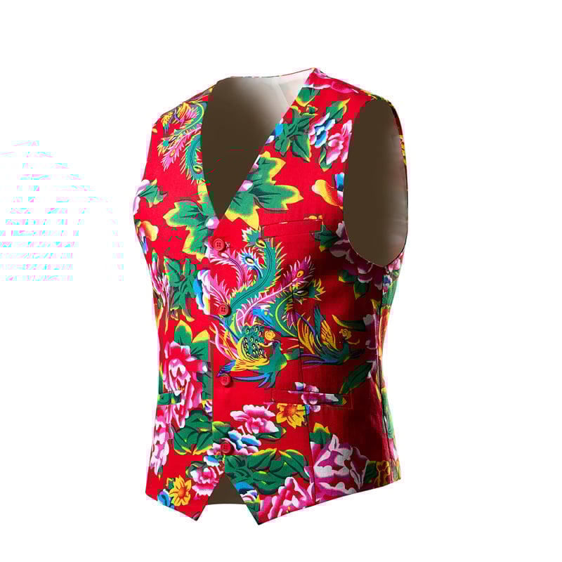 Férfi pamut mellény, karcsú szabás, öltöny-gallér, egy sor gombolás, virágmintás, poliészter bélés, négy évszakos viselet