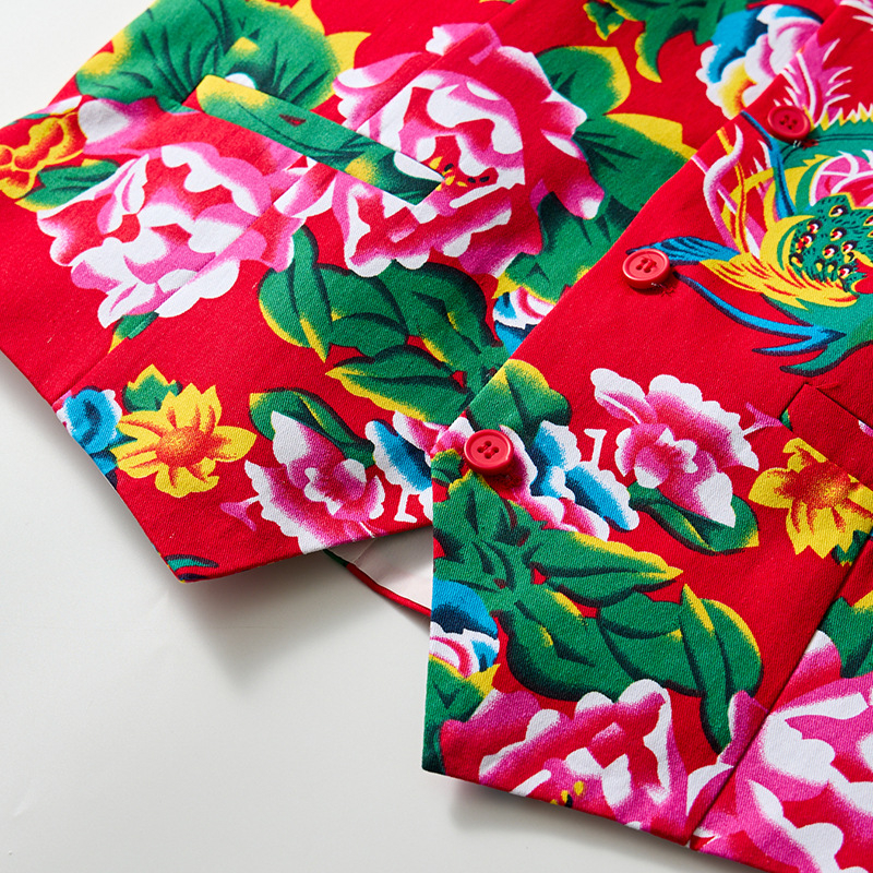 Férfi pamut mellény, karcsú szabás, öltöny-gallér, egy sor gombolás, virágmintás, poliészter bélés, négy évszakos viselet