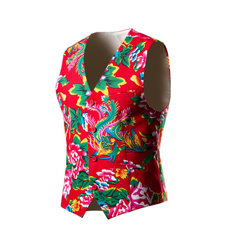 Férfi pamut mellény, karcsú szabás, öltöny-gallér, egy sor gombolás, virágmintás, poliészter bélés, négy évszakos viselet