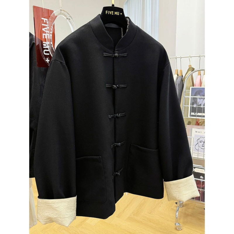 Férfi öltönyzakó etnikus stílusban, álló gallér, dupla gombolás, karcsú szabás, poliészter, őszi 2024