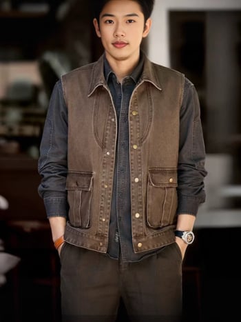 Férfi pamut mellény – retro, ujj nélküli, kardigán-stílus, laza szabás, gallér, előre gombos záródás, zsebek