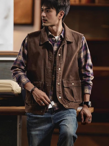 Férfi pamut mellény – retro, ujj nélküli, kardigán-stílus, laza szabás, gallér, előre gombos záródás, zsebek