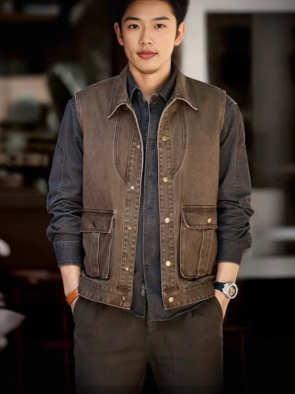 Férfi pamut mellény – retro, ujj nélküli, kardigán-stílus, laza szabás, gallér, előre gombos záródás, zsebek