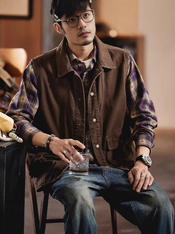 Férfi pamut mellény – retro, ujj nélküli, kardigán-stílus, laza szabás, gallér, előre gombos záródás, zsebek