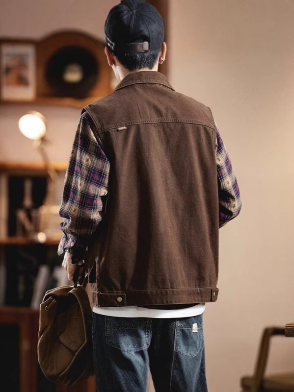 Férfi pamut mellény – retro, ujj nélküli, kardigán-stílus, laza szabás, gallér, előre gombos záródás, zsebek