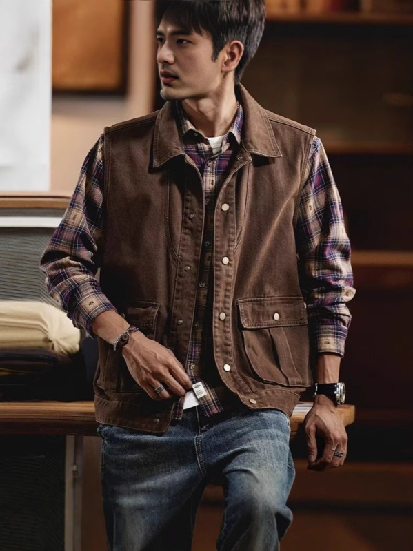 Férfi pamut mellény – retro, ujj nélküli, kardigán-stílus, laza szabás, gallér, előre gombos záródás, zsebek