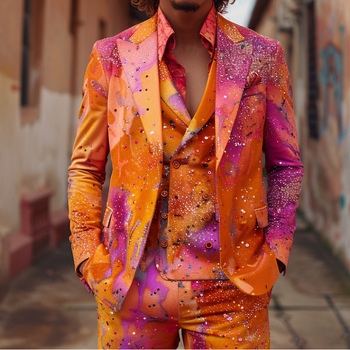 Férfi Slim-Fit öltöny 3D-digitális nyomtatással – sík gallér, kétgombos zárás, nincs hasadék