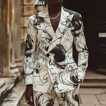 Férfi Slim-Fit öltöny 3D-digitális nyomtatással – sík gallér, kétgombos zárás, nincs hasadék