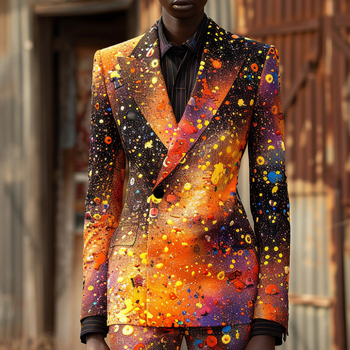 Férfi Slim-Fit öltöny 3D-digitális nyomtatással – sík gallér, kétgombos zárás, nincs hasadék