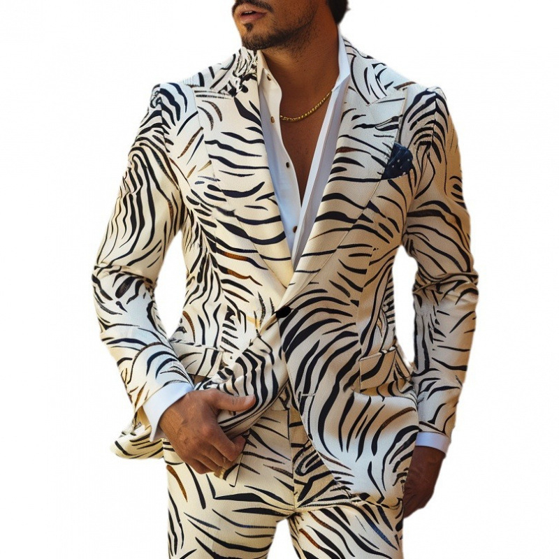 Férfi Slim-Fit öltöny 3D-digitális nyomtatással – sík gallér, kétgombos zárás, nincs hasadék