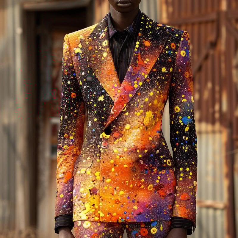 Férfi Slim-Fit öltöny 3D-digitális nyomtatással – sík gallér, kétgombos zárás, nincs hasadék