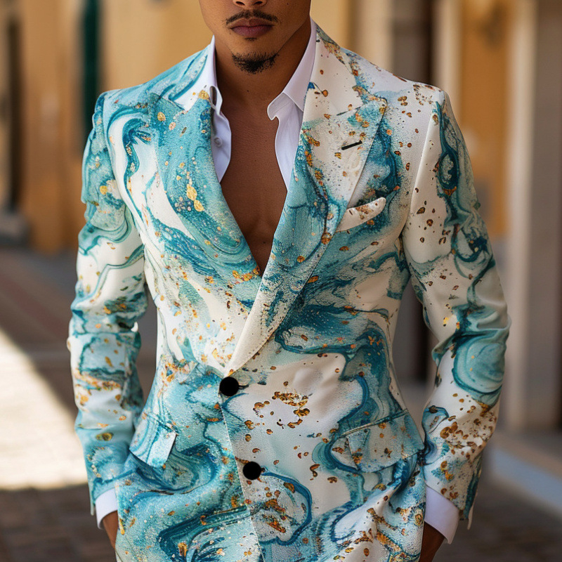 Férfi Slim-Fit öltöny 3D-digitális nyomtatással – sík gallér, kétgombos zárás, nincs hasadék