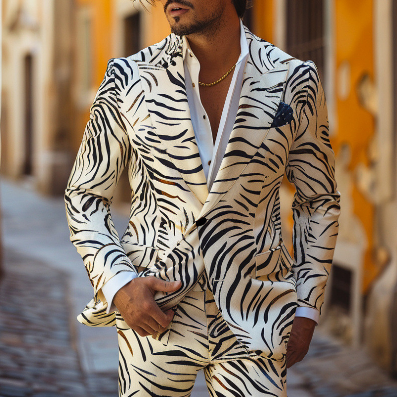 Férfi Slim-Fit öltöny 3D-digitális nyomtatással – sík gallér, kétgombos zárás, nincs hasadék