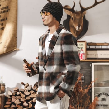Ανδρικό σακάκι κοστουμιού σε αμερικανικό ρετρό στυλ με καρό ύφανση, μονόμπροστο, επίπεδο πέτο, χαλαρή γραμμή, πολλαπλές τσέπες, φθινόπωρο 2025