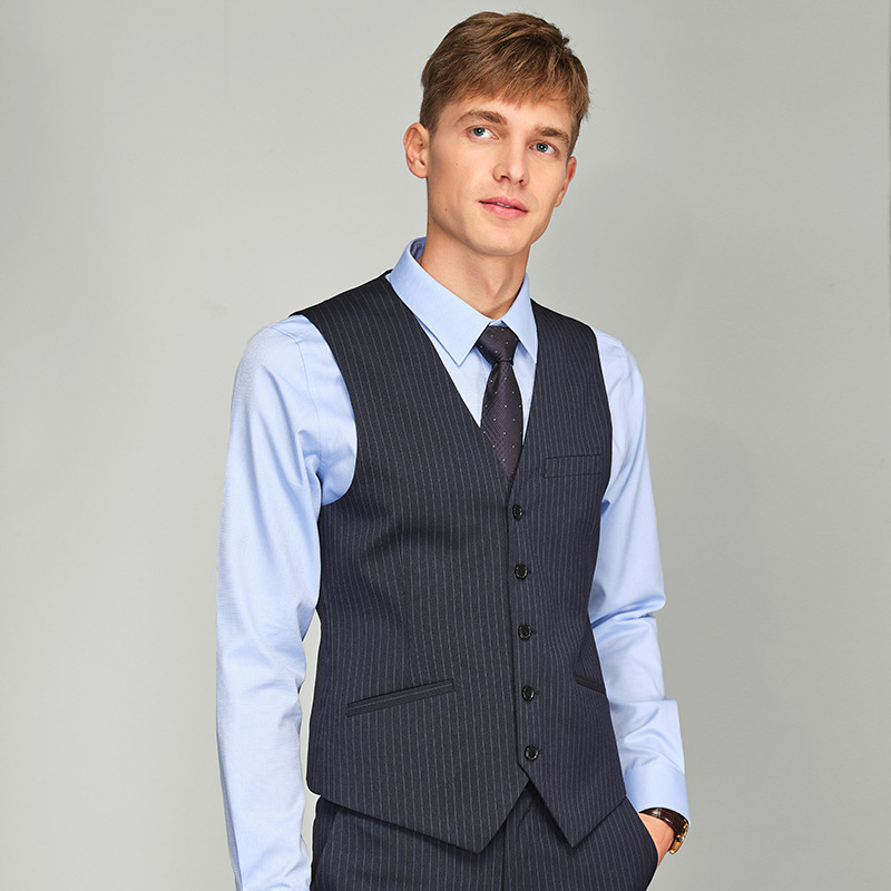 Muški radni prsluk – slim fit, prugasti uzorak, bez ovratnika, 5 gumbi