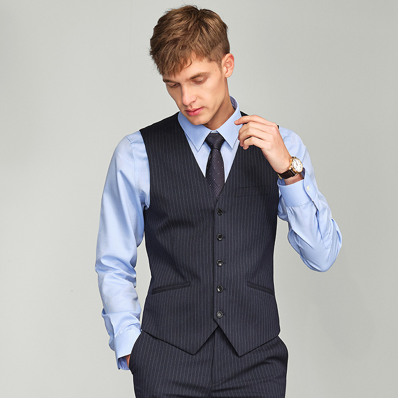 Muški radni prsluk – slim fit, prugasti uzorak, bez ovratnika, 5 gumbi