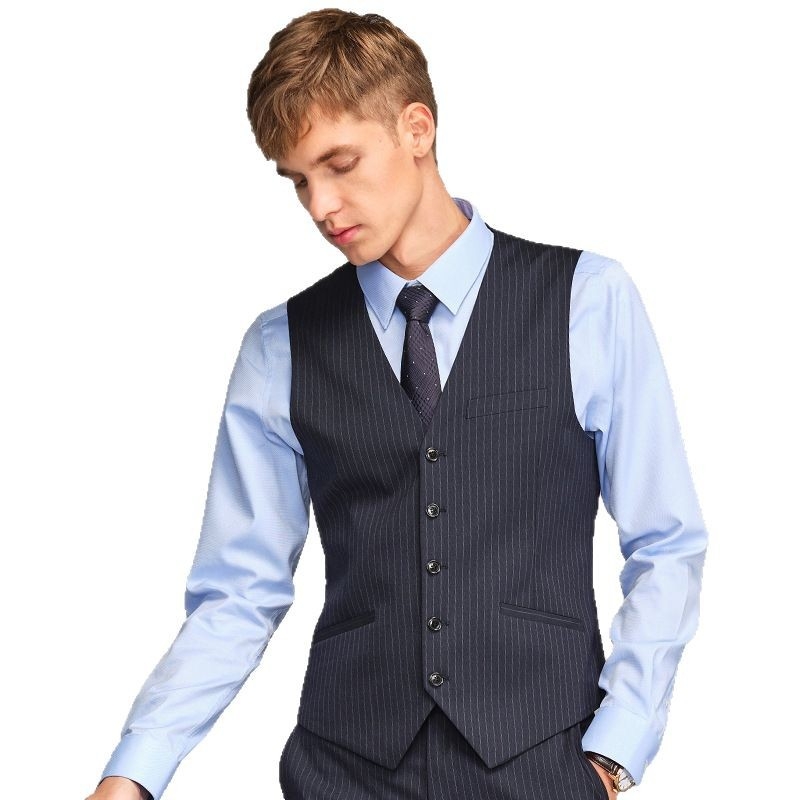 Muški radni prsluk – slim fit, prugasti uzorak, bez ovratnika, 5 gumbi