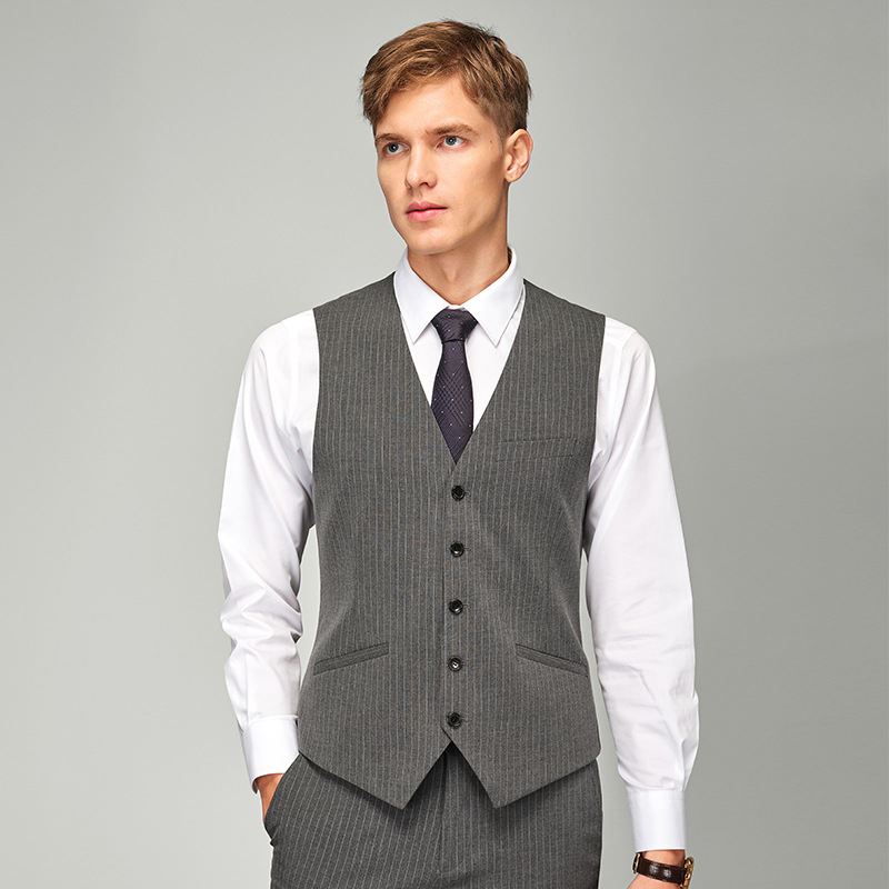 Muški radni prsluk – slim fit, prugasti uzorak, bez ovratnika, 5 gumbi