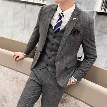 Muški karijani trodjelni kostim, slim-fit, korejskog stila, poslovno formalni za vjenčanje