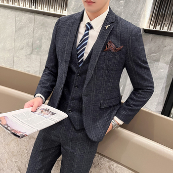 Muški karijani trodjelni kostim, slim-fit, korejskog stila, poslovno formalni za vjenčanje