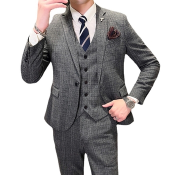 Muški karijani trodjelni kostim, slim-fit, korejskog stila, poslovno formalni za vjenčanje