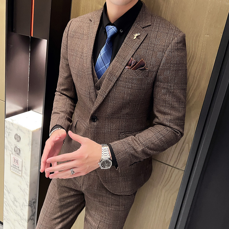 Muški karijani trodjelni kostim, slim-fit, korejskog stila, poslovno formalni za vjenčanje