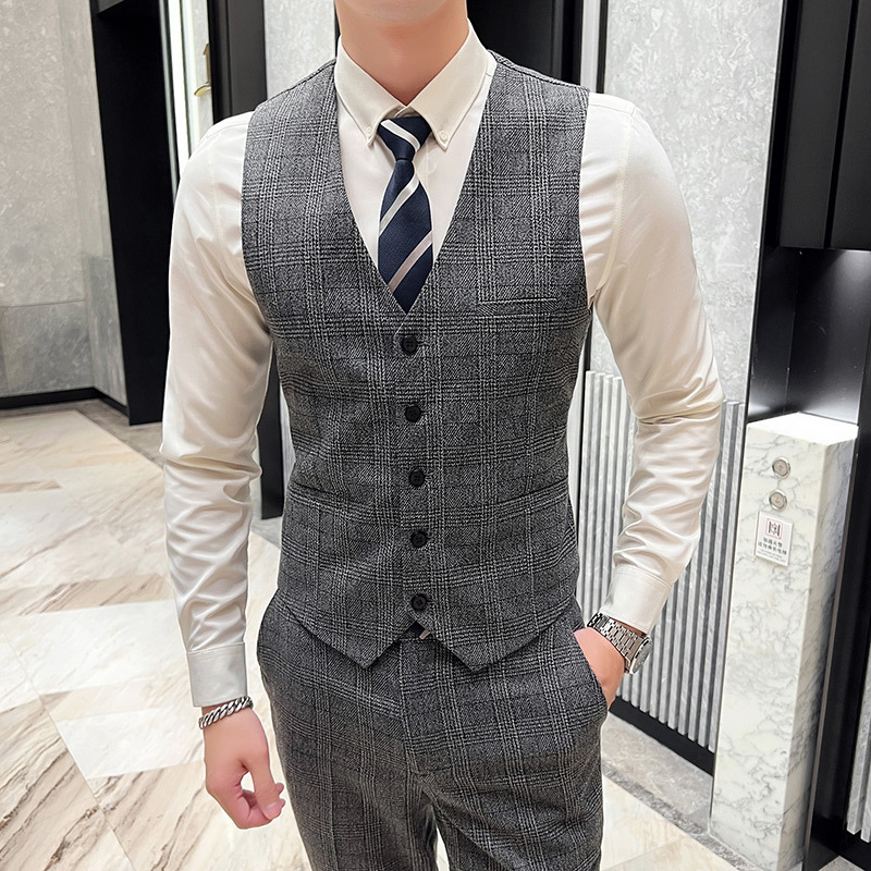 Muški karijani trodjelni kostim, slim-fit, korejskog stila, poslovno formalni za vjenčanje