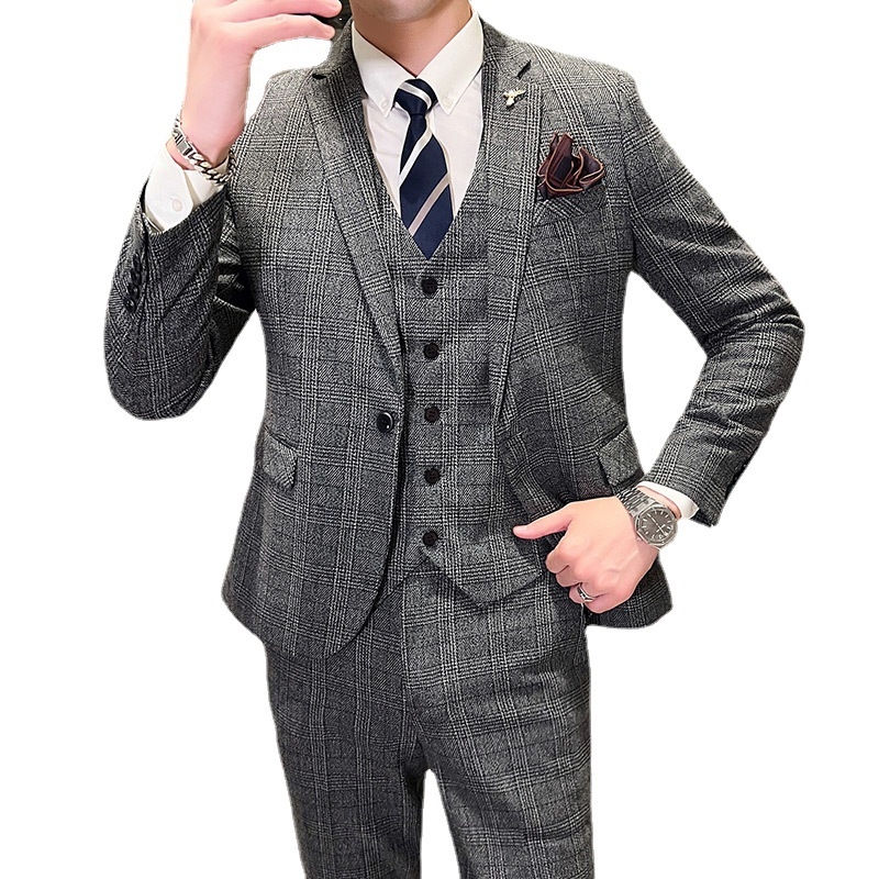 Muški karijani trodjelni kostim, slim-fit, korejskog stila, poslovno formalni za vjenčanje