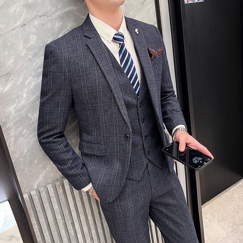 Muški karijani trodjelni kostim, slim-fit, korejskog stila, poslovno formalni za vjenčanje