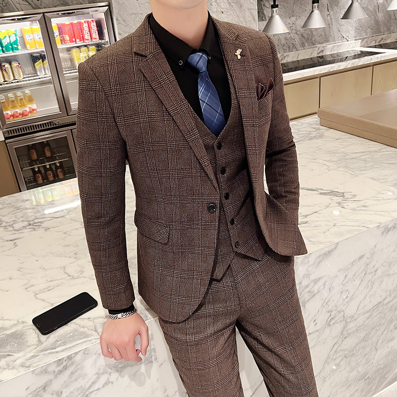 Muški karijani trodjelni kostim, slim-fit, korejskog stila, poslovno formalni za vjenčanje