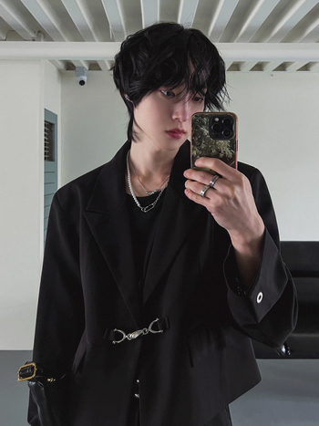 MYQ Muško sako za jesen, ležeran kroj, kratko, korejski stil, jednoredno kopčanje, ovratnik band, tkanina: poliester-bavna 80/20