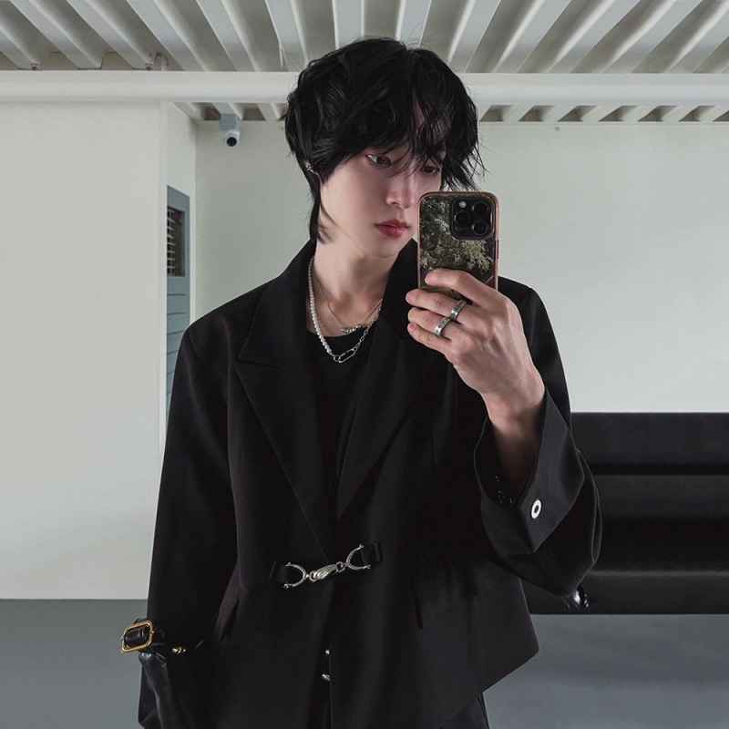 MYQ Muško sako za jesen, ležeran kroj, kratko, korejski stil, jednoredno kopčanje, ovratnik band, tkanina: poliester-bavna 80/20