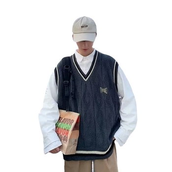 Muška bezrukavna pletena vest, korejskog stila pulover, slobodan kroj, V-izrez, jacquard pletena tkanina, poliester 95% materijal